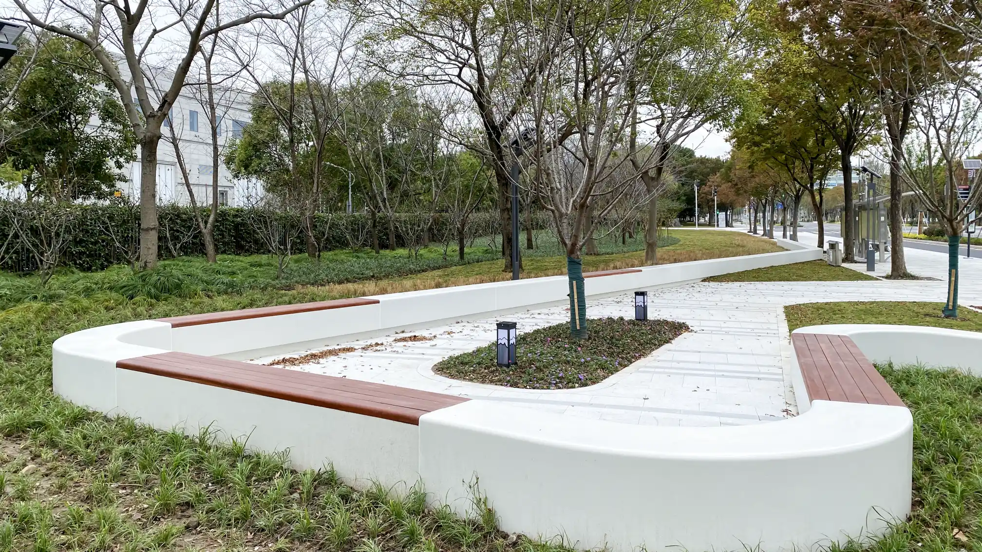 Concrete embalmed wooden benches